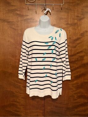 Talbots Embroidered Feathers Striped Sweater Womens M Ivory & Navy Pullover NWT